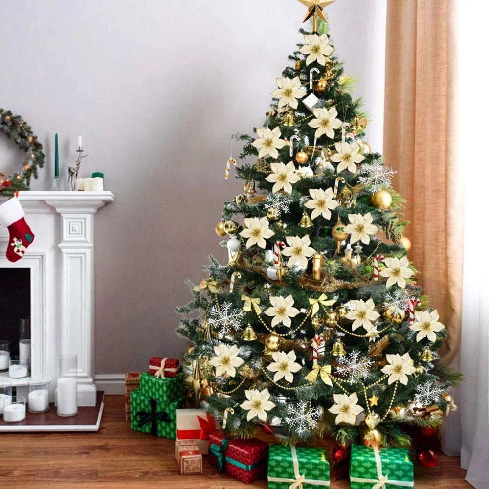120Pcs Christmas Poinsettia Christmas Tree Ornament for Xmas Party Decor