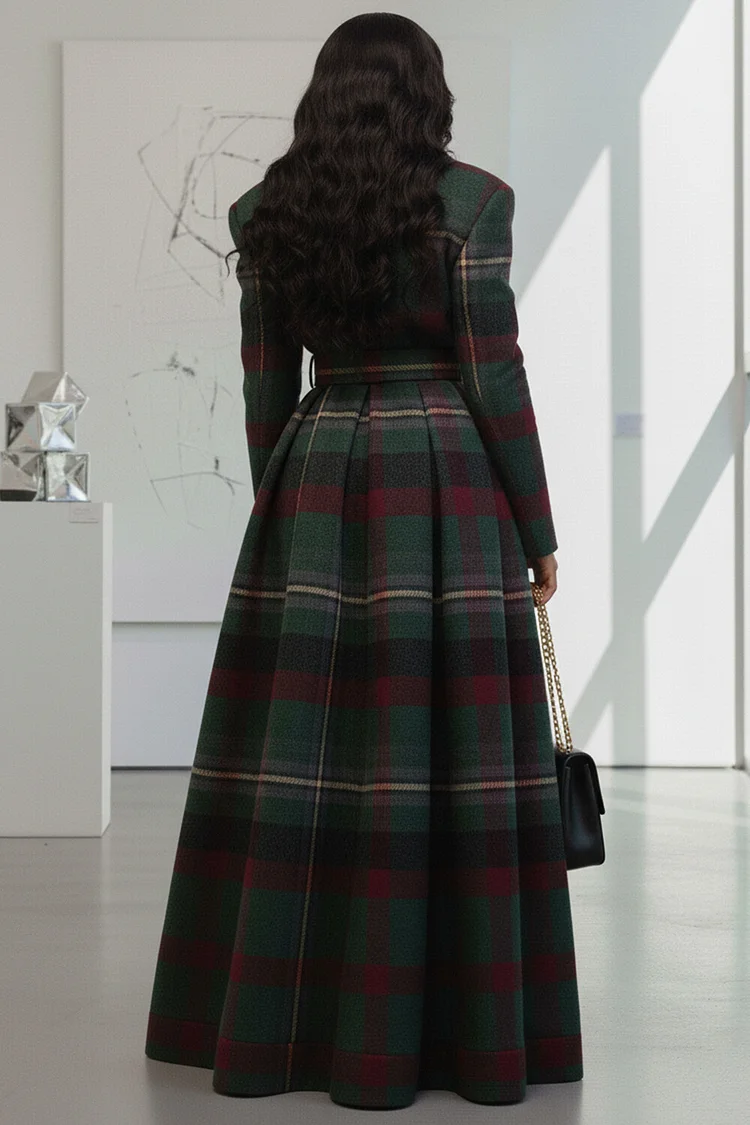 Plaid Lapel Collar Long Sleeve Cinched Waist Long Overcoat-Green [Pre Order]