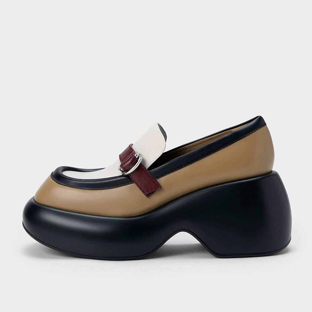 Women's Multicolor Square Toe Buckle Embellished Platform Loafers