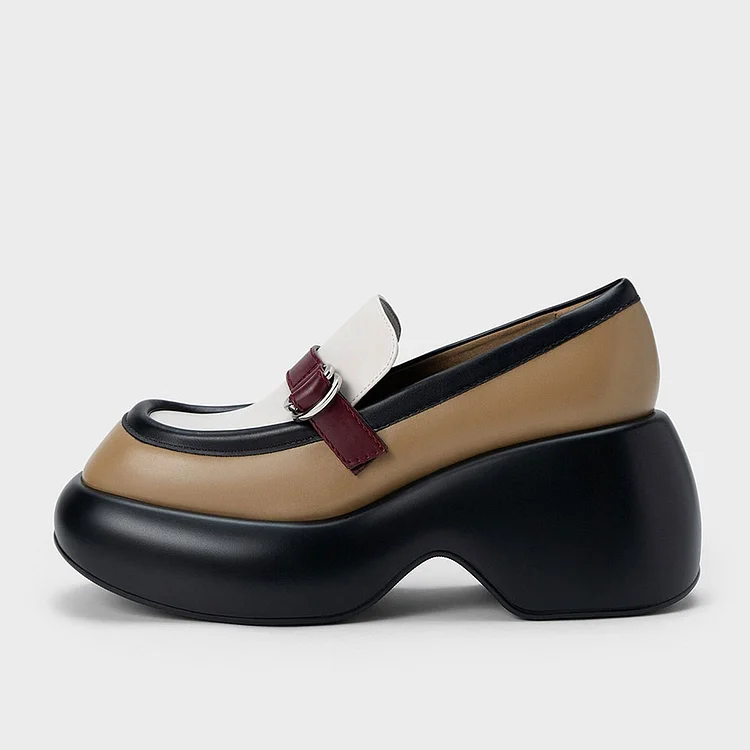 Multicolor Square Toe Buckled Platform Loafers for Women |FSJ Shoes