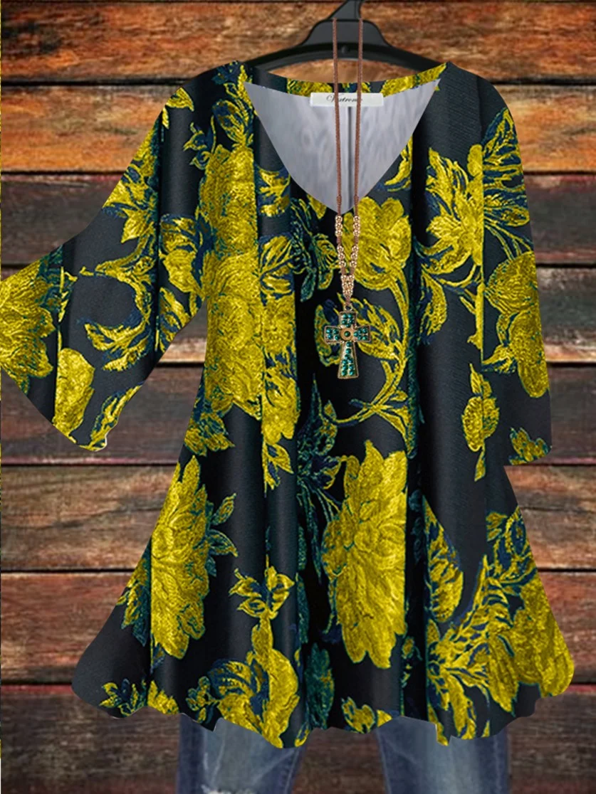 Women Half Sleeve V-neck Solid Color Dress