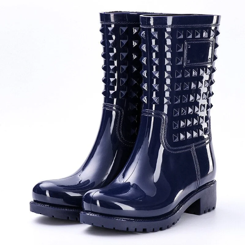 Women Boots Spring Summer Rainboots Mid-Calf Woman Shoes Big Size Non-slip Waterproof Female Footwear Rivet PVC Rain Boots New