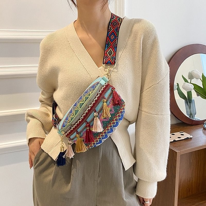 Women Folk Style Waist Bags with Adjustable Strap Variegated Color Fanny Pack with Fringe Decor Pochete Feminina Riñonera Belt US Mall Lifes