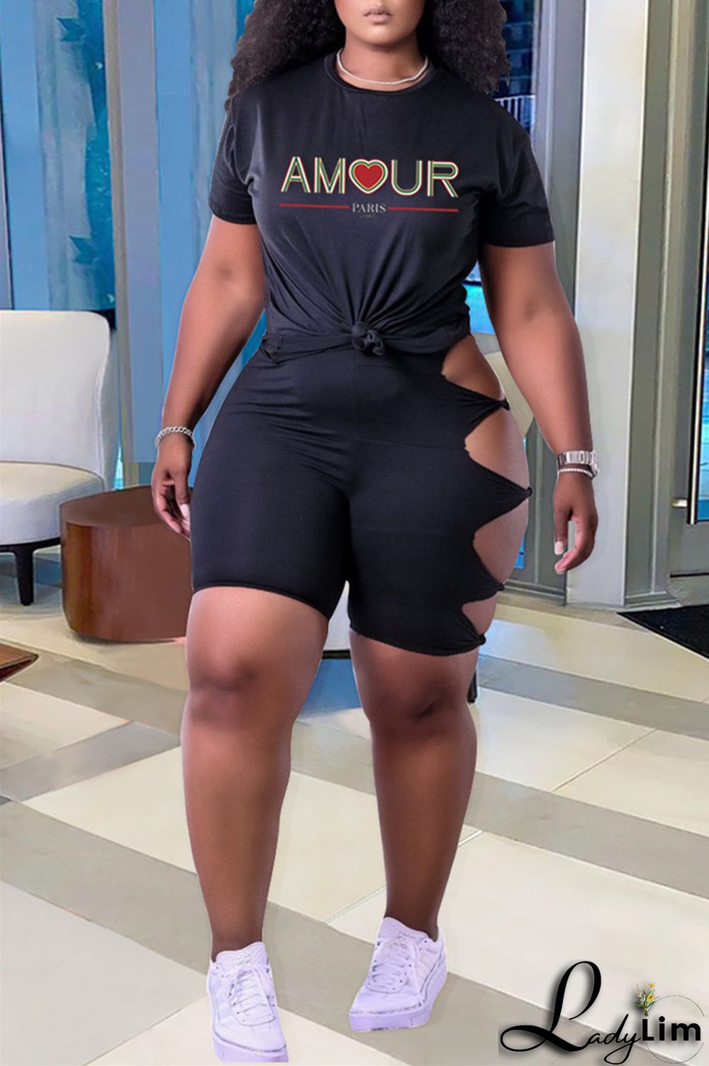 Green Fashion Casual Letter Print Ripped O Neck Plus Size Two Pieces