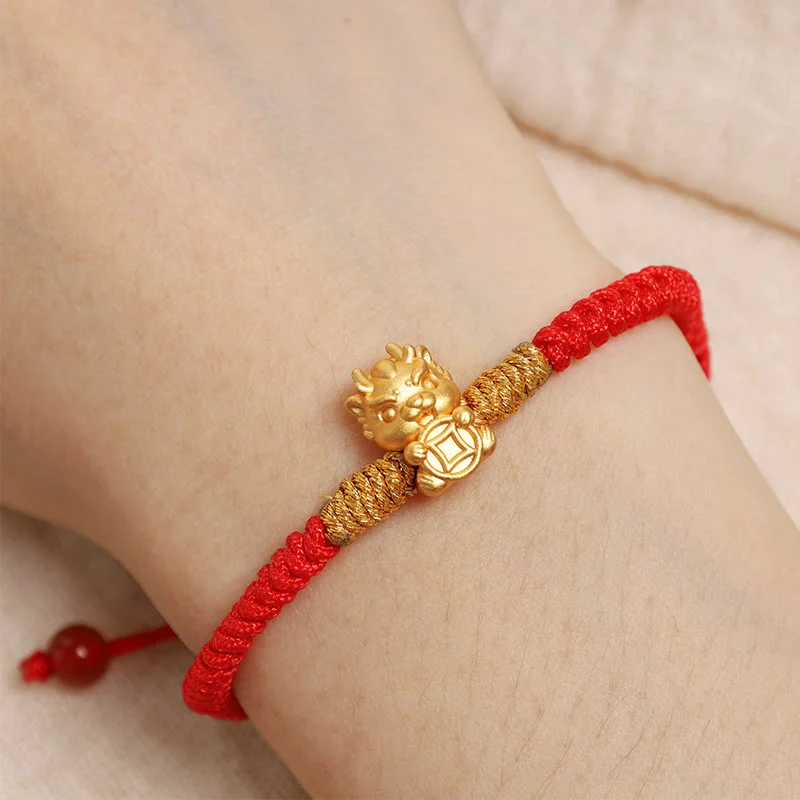 999 Sterling Silver Year of the Dragon Copper Coin Fortune Dragon Fu Character Luck Handcrafted Red String Braided Bracelet