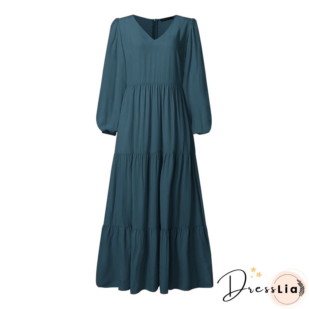 ZANZEA Stylish Ruffle Maxi Dress Casual Puff Sleeve Tunic Vestidos Female Solid Robe Women's Autumn Sundress
