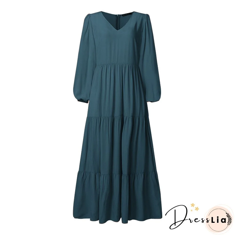 ZANZEA Stylish Ruffle Maxi Dress Casual Puff Sleeve Tunic Vestidos Female Solid Robe Women's Autumn Sundress