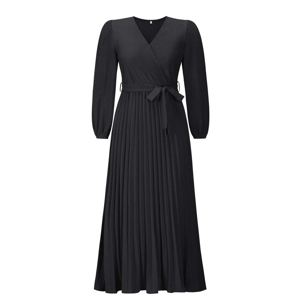 Huiketi Women New V Neck Long Sleeve Pleated A Line Dress For Ladies Solid Color Lace Up High Waist All Match Dresses