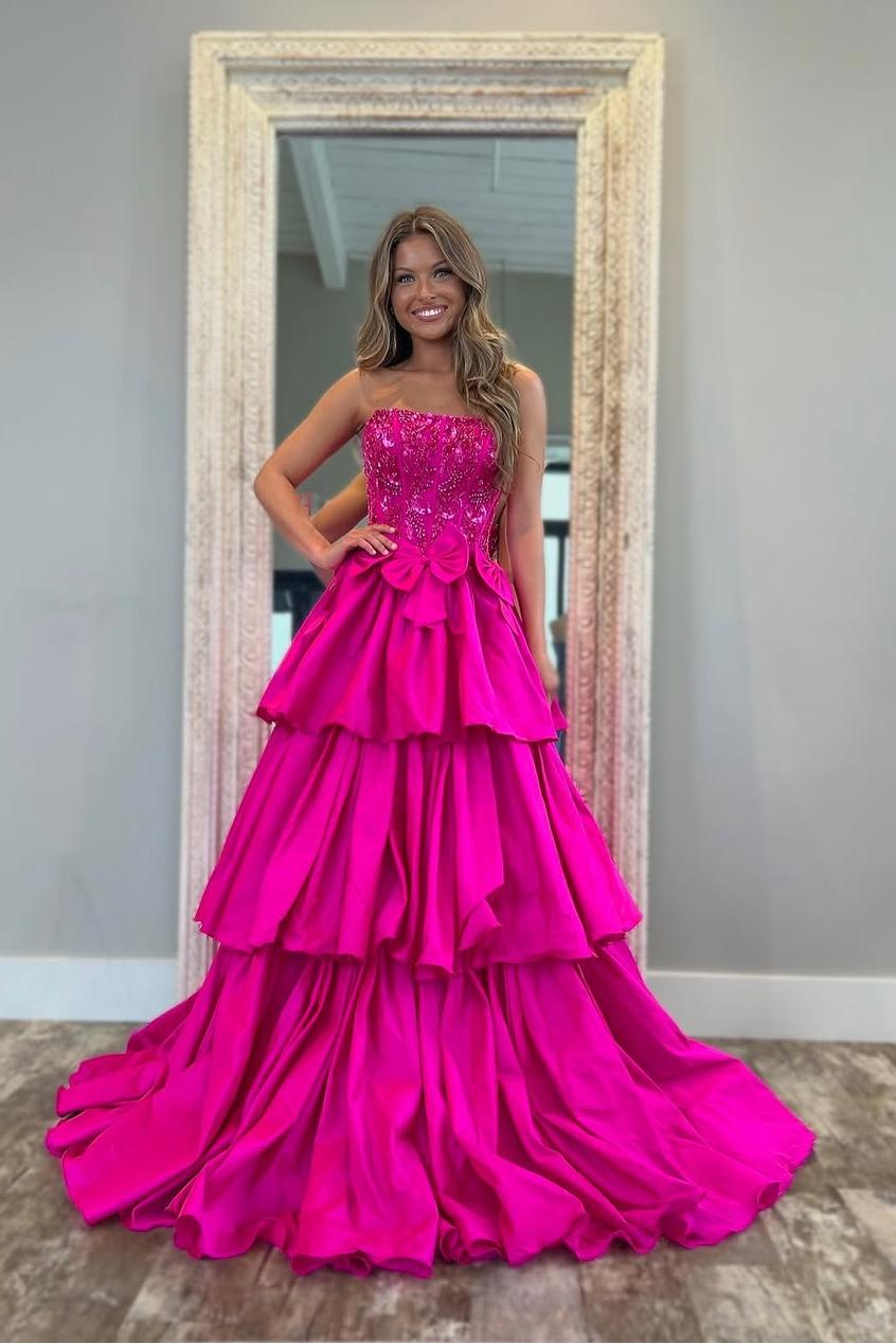 Lussooy Fuchsia Shinning Satin Sleeveless Strapless Puffy Cake Prom Dress with Beadings 