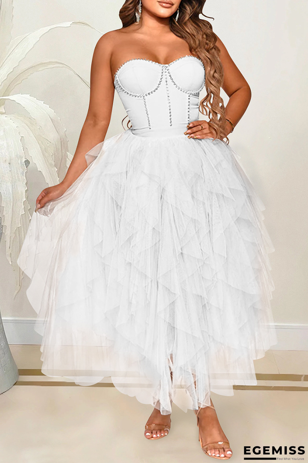 White Sexy Hot Drilling Mesh Strapless Mesh Dress Dresses | EGEMISS