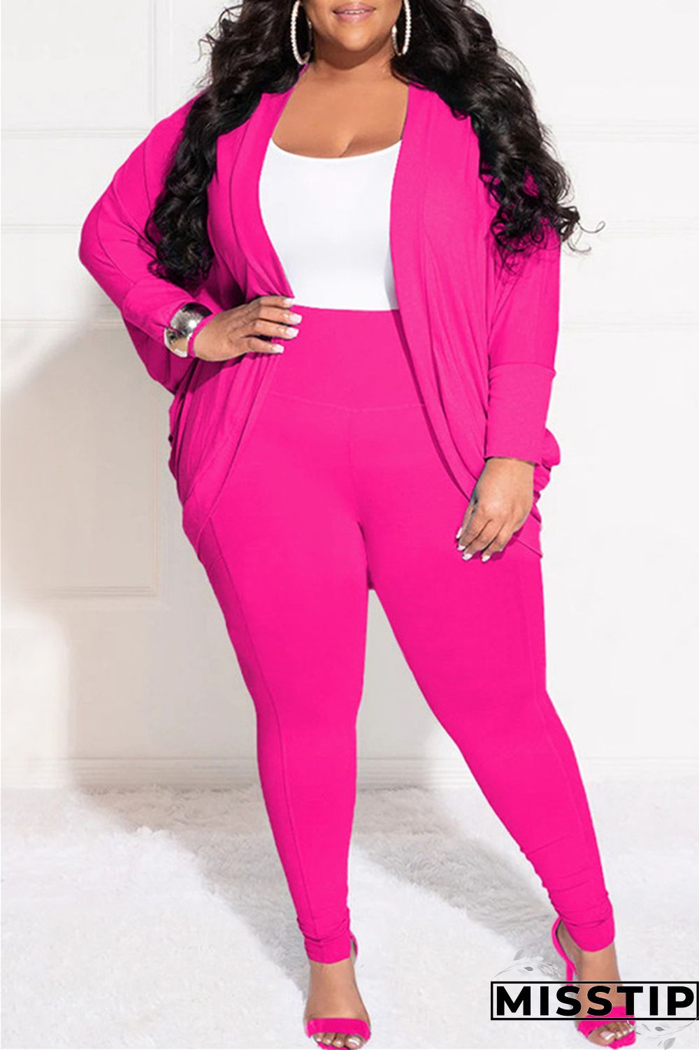 Burgundy Casual Solid Cardigan Pants Cardigan Collar Plus Size Two Pieces