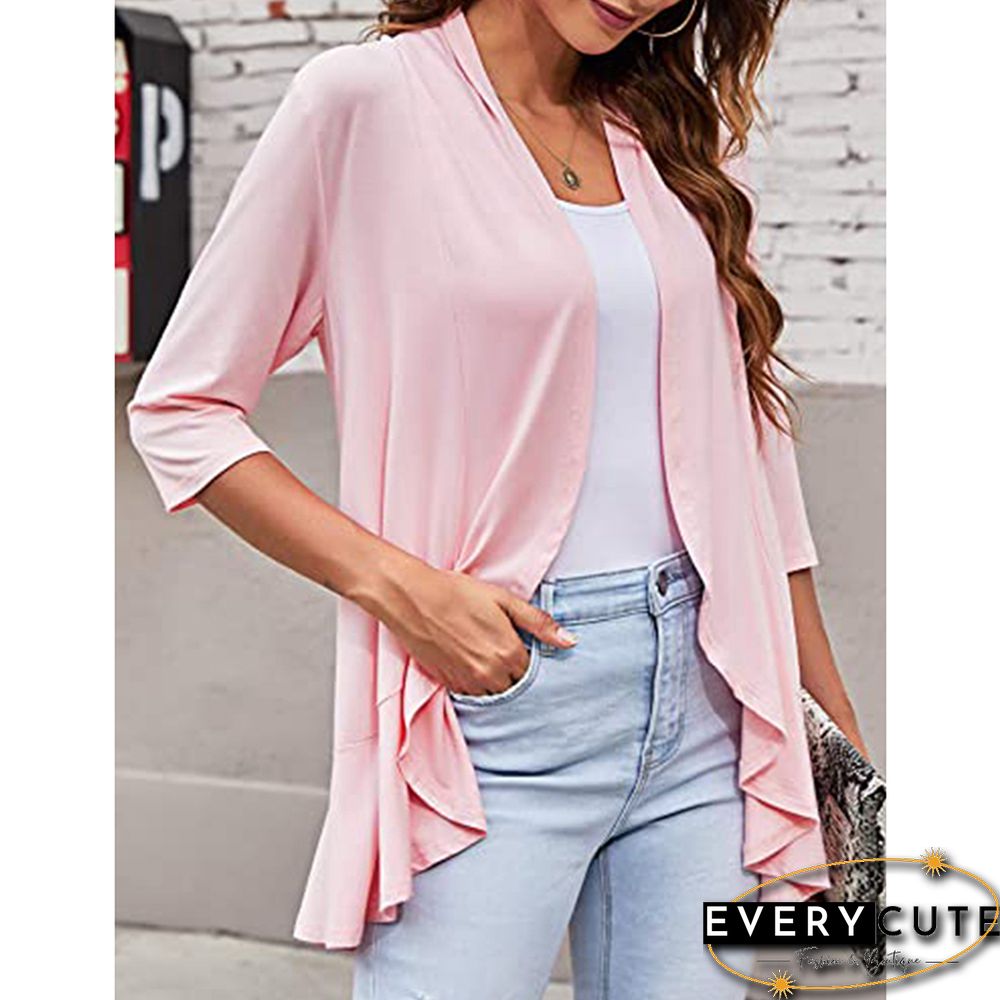 Pink 3/4 Sleeve Ruffle Detail Cardigan Top