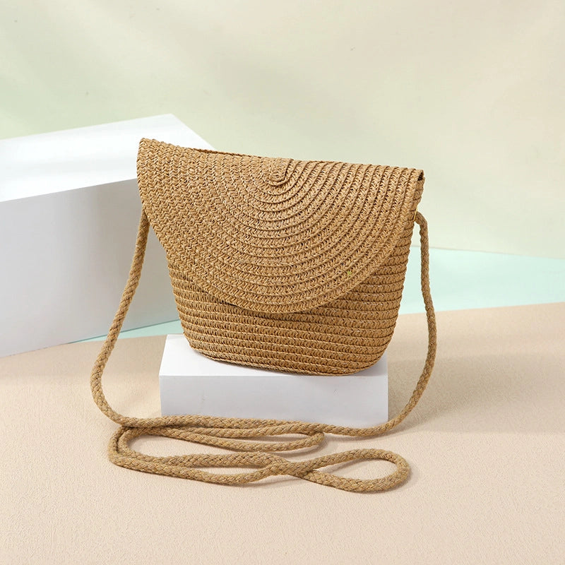 Women’s Straw Solid Color Beach Weave Square Zipper Flip Cover Straw Bag