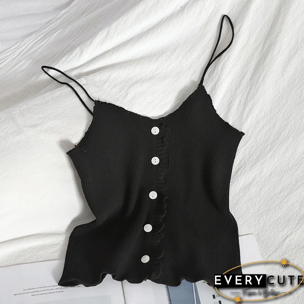 Pearl Diary Women Spaghetti Strap Knitted Tops Summer Ruffle Camis Top With Front Buttons Solid Color Basic Knitted Cute Tops