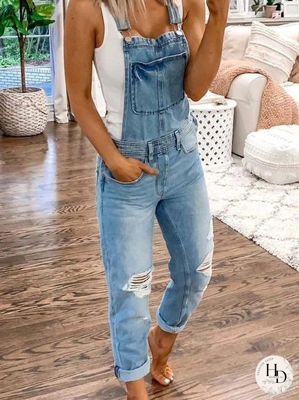 Casual Plain Denim Ripped Jumpsuit