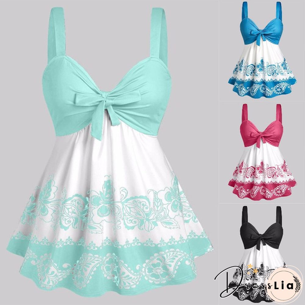 Women Fashion Plus Size Paisley Floral Print Front Tie Tank Top Summer Casual V Neck Sleeveless Tees Loose Empire Waist Curved Hem Camis Vest