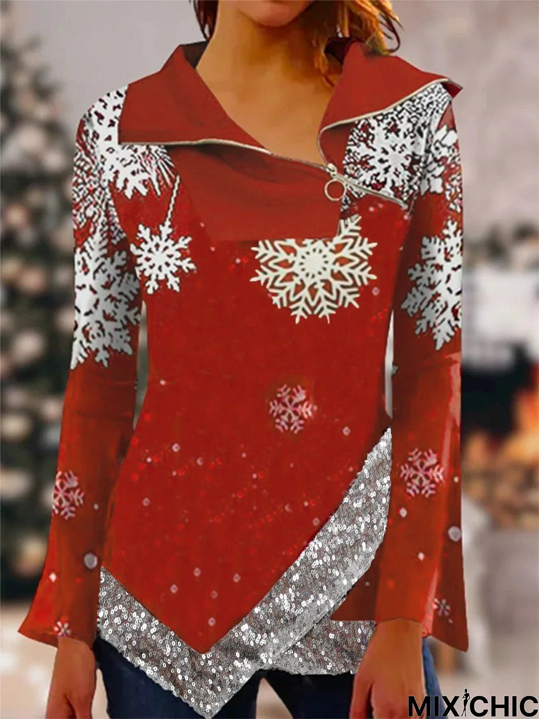 Long Sleeve Christmas Snowflake Pattern Zipper Shawl Collar Casual Tunic Top Xmas Top