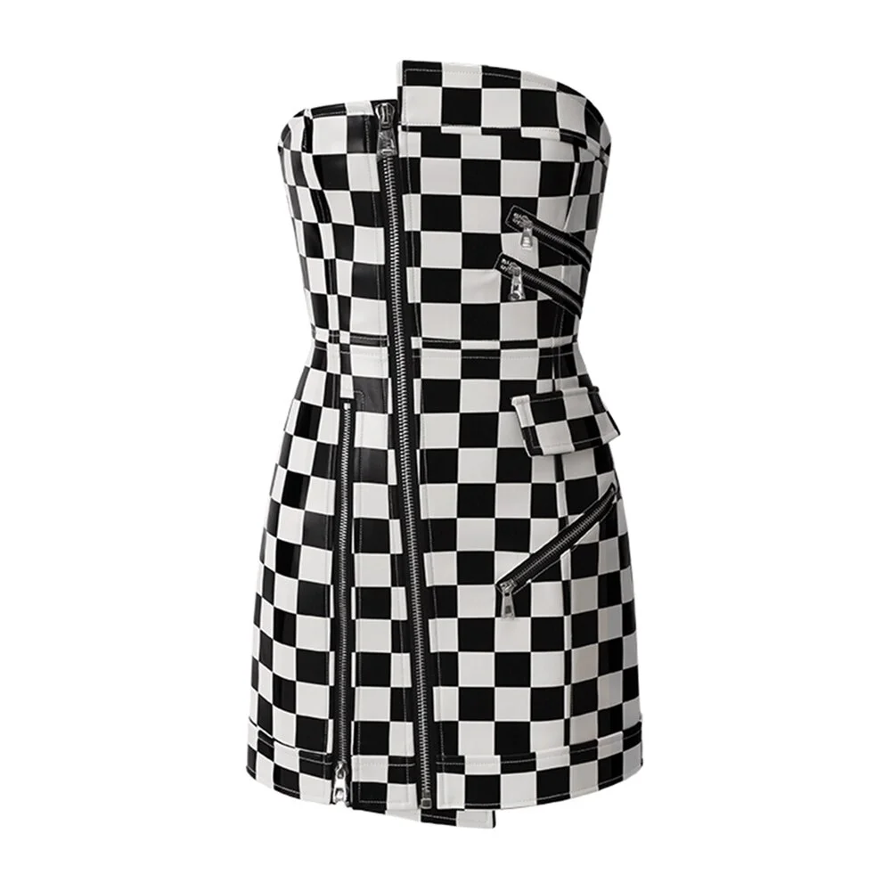 Cartoonh Gingham Colorblock Dress For Women Strapless Cold Shoulder High Waist Zipper Sexy Mini Dresses Female Clothing New