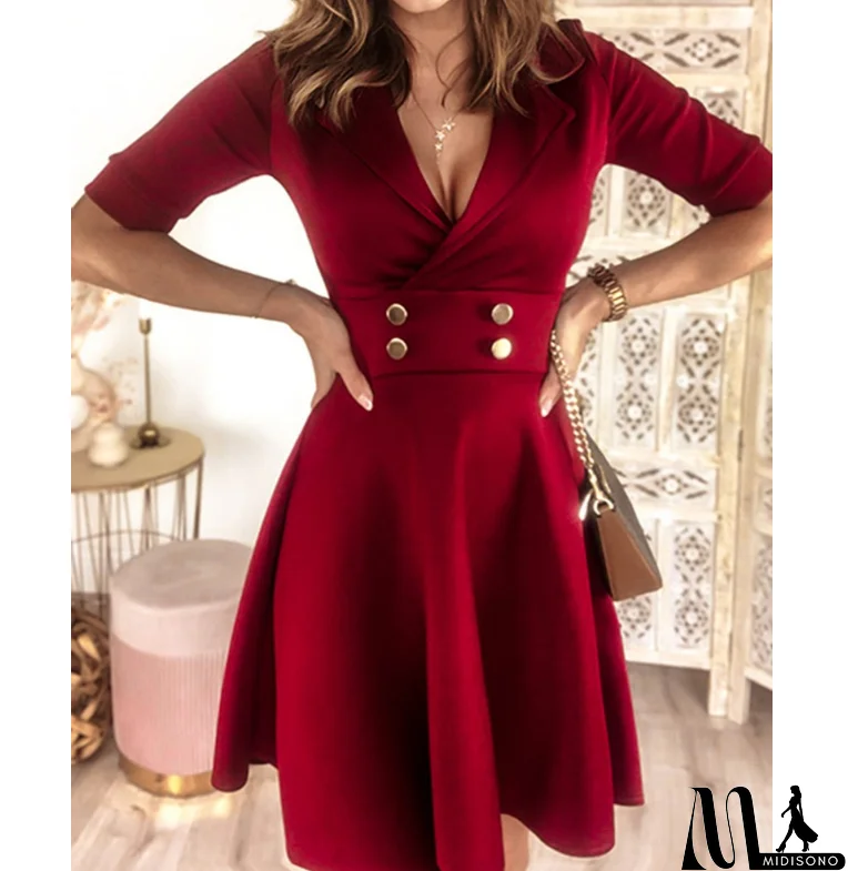 MidiSono - Solid Color Slim Women'S Short Sleeved Dress