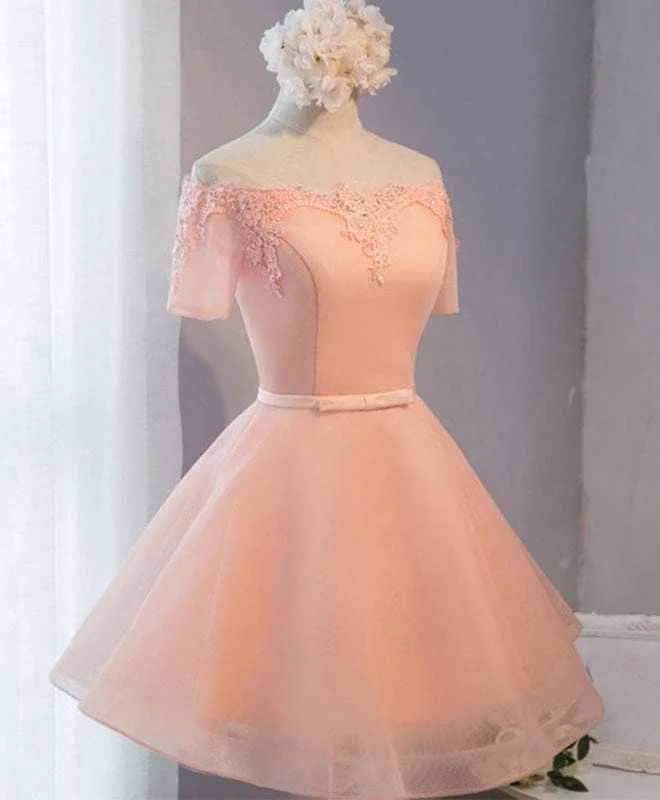 Pink A-Line Tulle Short Sleeve Lace Short Prom Dress,Formal Dress