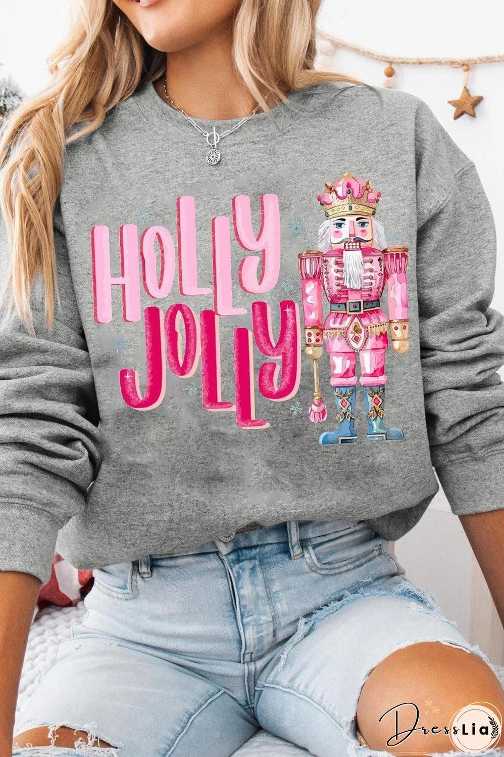 Gray HOLLY JOLLY Nutcracker Print Crew Neck Christmas Sweatshirt