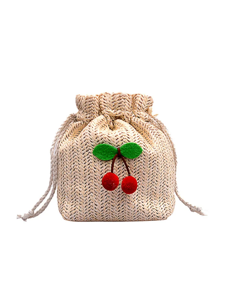 Women Cherry Handmade Straw Shoulder Bag Woven Drawstring Crossbody Bag
