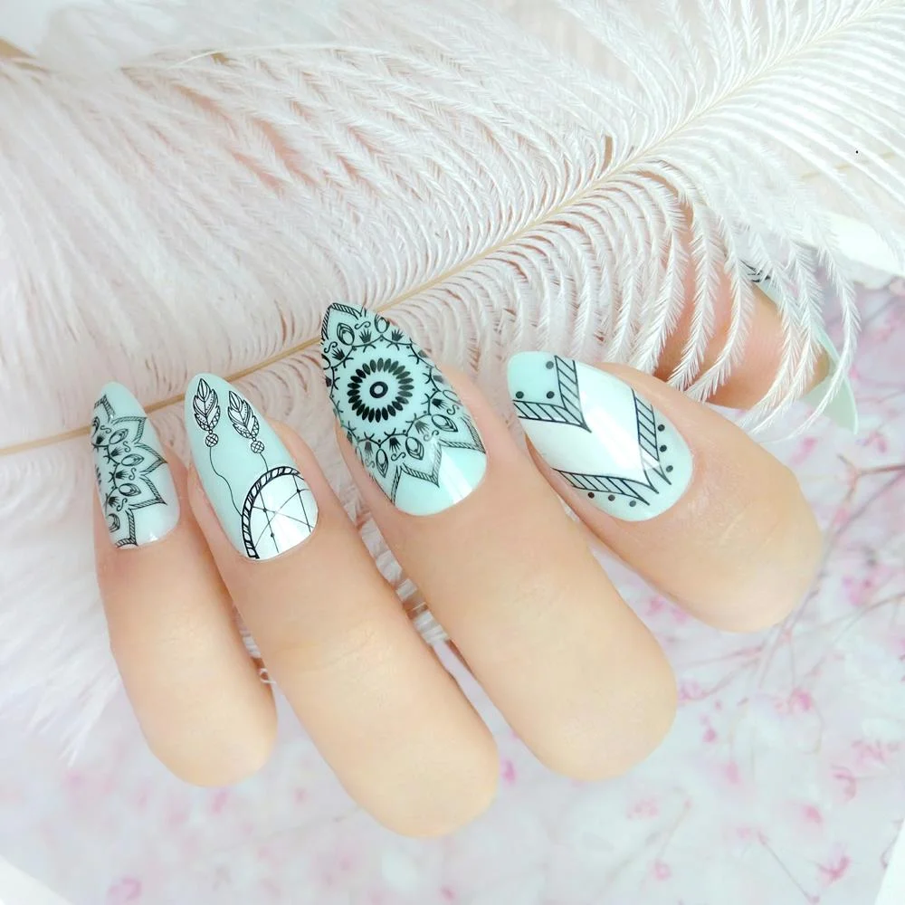 Dream Catcher Short Stiletto False Nails With Design Press On Artificial Fake Nails Tips DIY Full Cover Manicure Tool-Nail Inspo