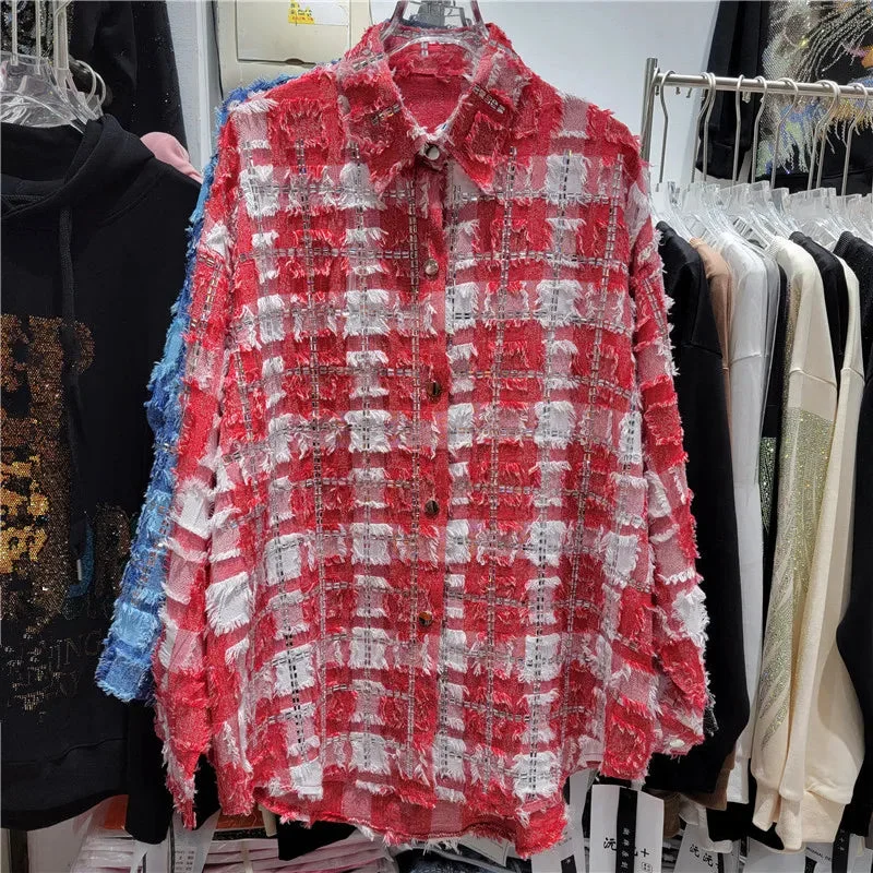 Huibahe Women's Denim Shirt Loose Patchwork Burrs Edge Distressed Checkered Single Breasted Diamond Blouse 2024 Summer New Fashion