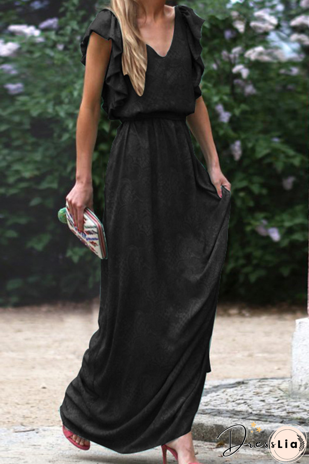 Fashion Solid Flounce V Neck Waist Skirt Dresses