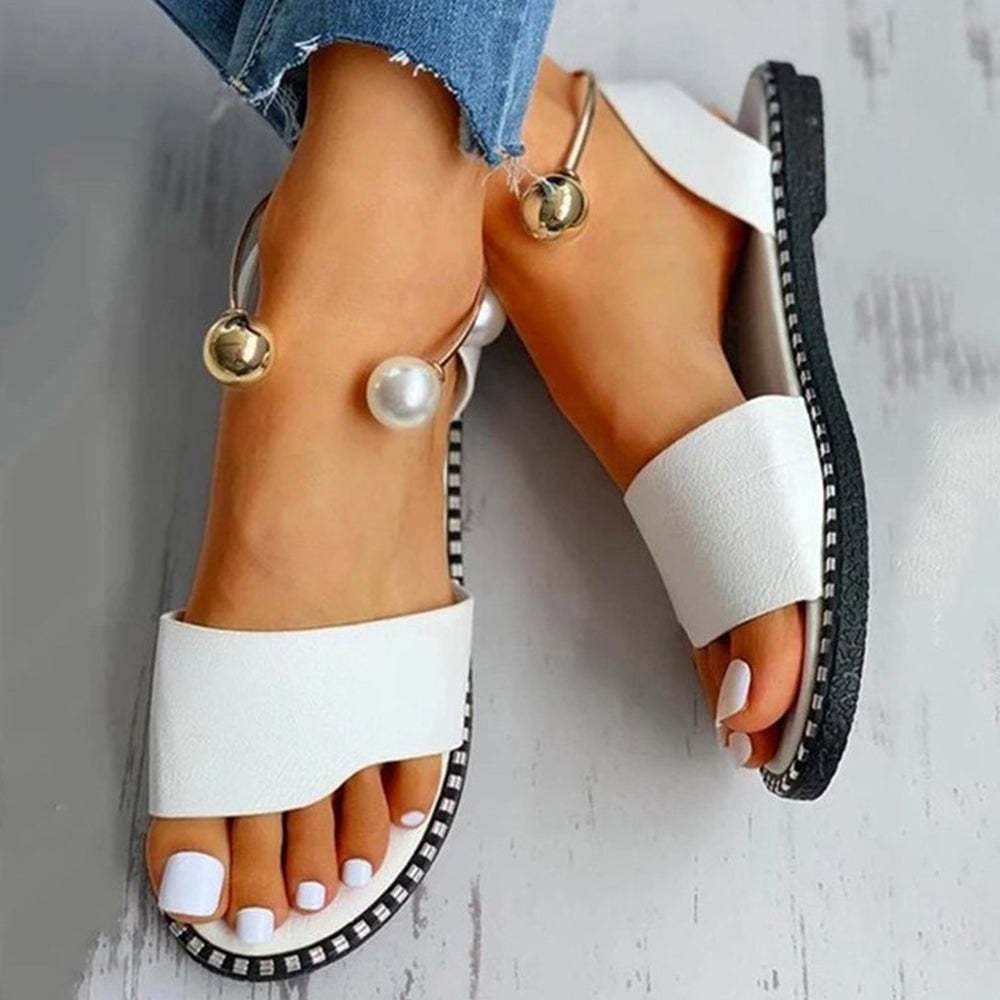 Fashion Casual Open Toe Pearl Decor Flat Sandals