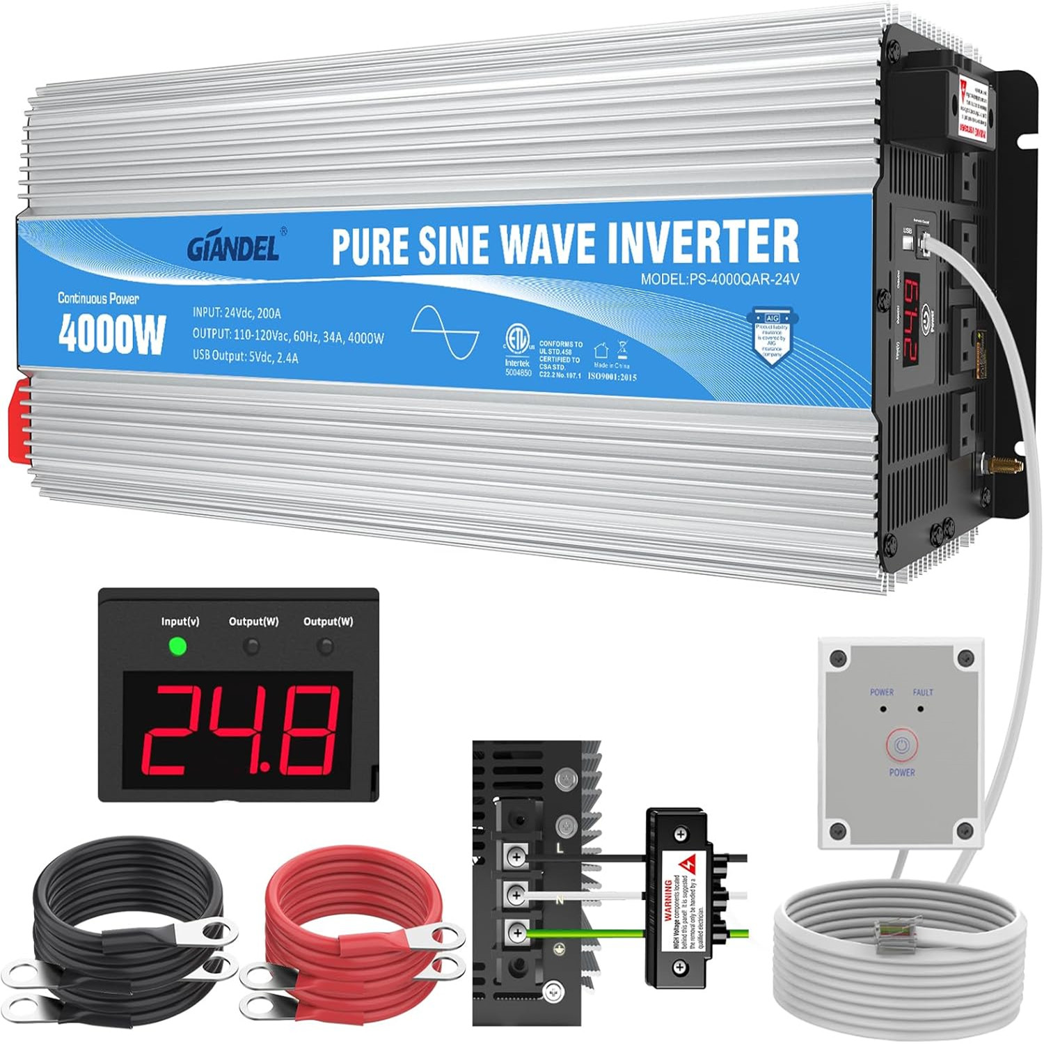 【FOR USA】Used - Very Good  4000W 24 V Pure Sine Wave Power Inverter  24V DC  to  110 120V AC   ETL Listed UL458 STD