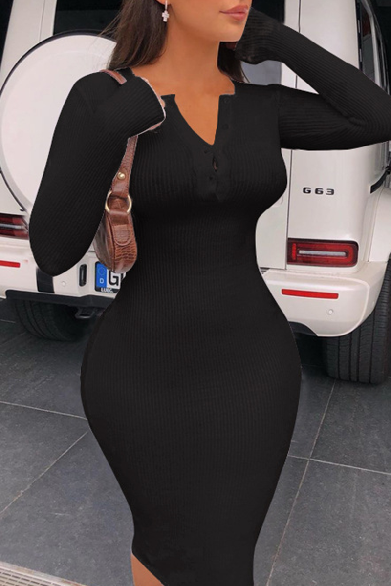 Sexy Solid Buckle O Neck Pencil Skirt Dresses