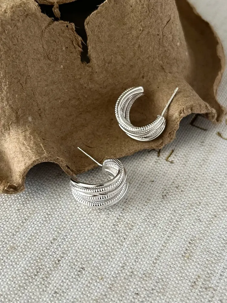Unique silver multi-layered braided linear earrings