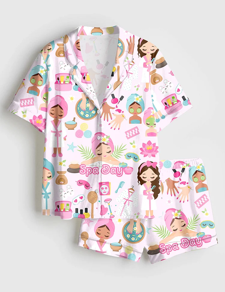 Women&rsquo;s Spa Day Cute Spa Girl Self Care Spa Birthday Manicure Pedicure Mani Pedi Print Short Sleeve Satin Pajama Set