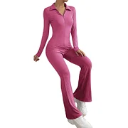Ejimei Long Sleeve Jumpsuit Women Zipped Turn-down Collar Rompers Full Body Tight Fitting Woman Overalls Solid Ladies Flare Pants 2025