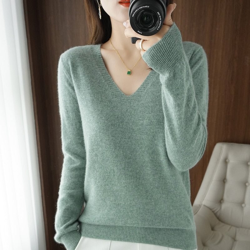 Autumn Winter New Cashmere Sweater Women Keep Warm V-neck Pullovers Knitting Sweater Fashion Korean Long Sleeve Loose Tops