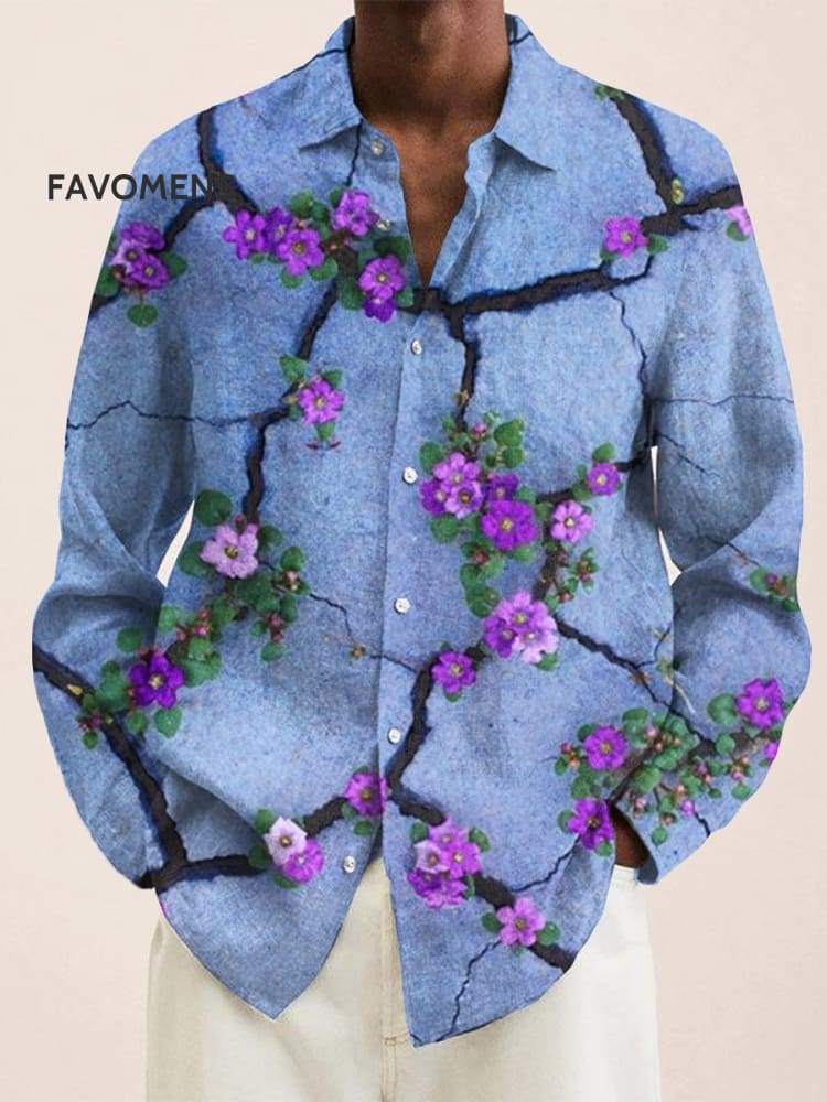 Vintage Cracked Floral Print 100% Cotton Long Sleeve Shirt Multicolor / S