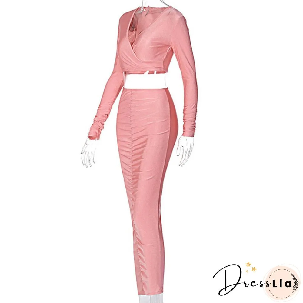 Neck Ruched Party Co-Ord Sets Women Clubwear Long Sleeve Bodycon Skinny Crop Top And Skirt