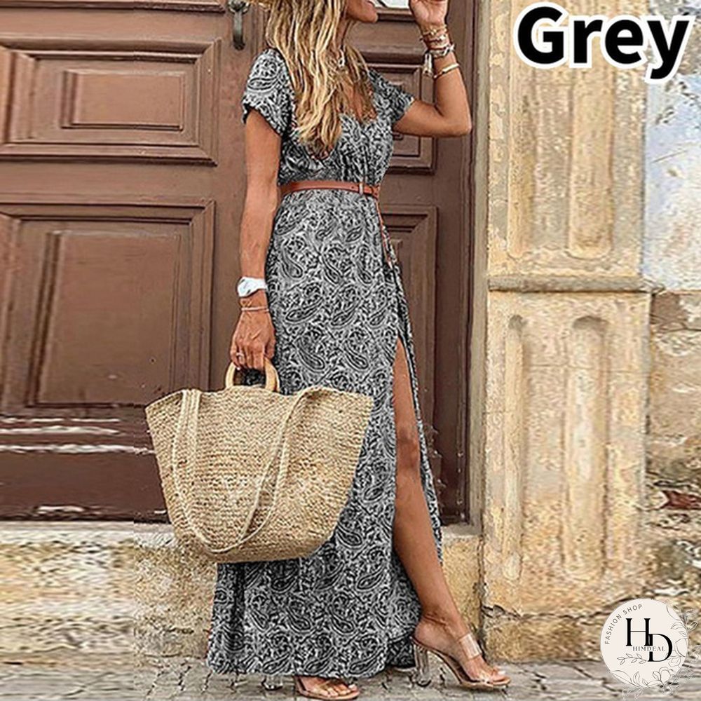 Summer Womens Fashion Retro Floral Elegant Dress Ladies Loose Casual Long One-_piece