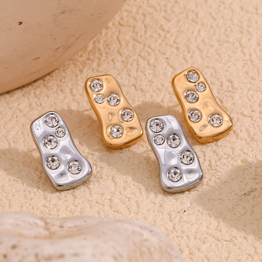Niche Design Geometric Versatile Earrings Stainless Steel Plated With 18K Gold Abstract Luxury White Diamond Gold Brick Earrings For Women