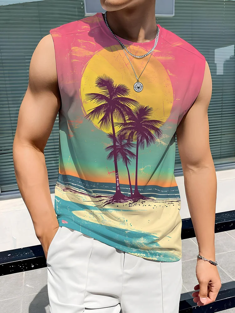 Men's Colorful Hawaiian Coconut Trees Sunset Vacation Art Print Tank Top