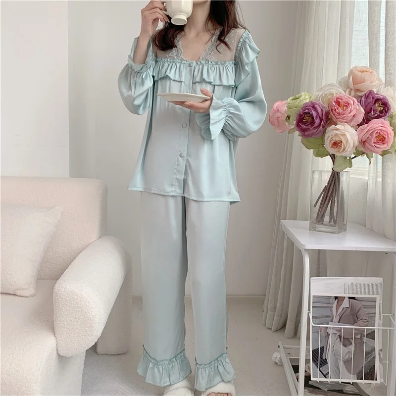 Female 2Pcs Pajamas Set Palace Style Princess Sleepwear Sweet Lace Ruffle Trouser Suits Nightwear Spring Autumn Rayon Home Wear