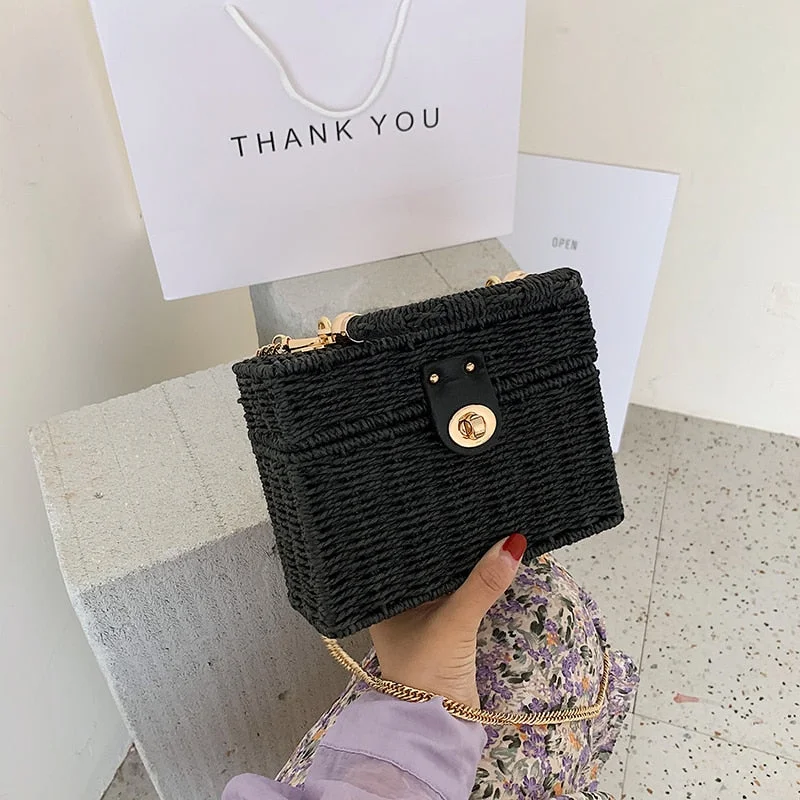 Elegant Female Box Tote bag 2021 New High-quality Straw Women's Designer Handbag Weave Chain Shoulder Messenger Bag Beach bag