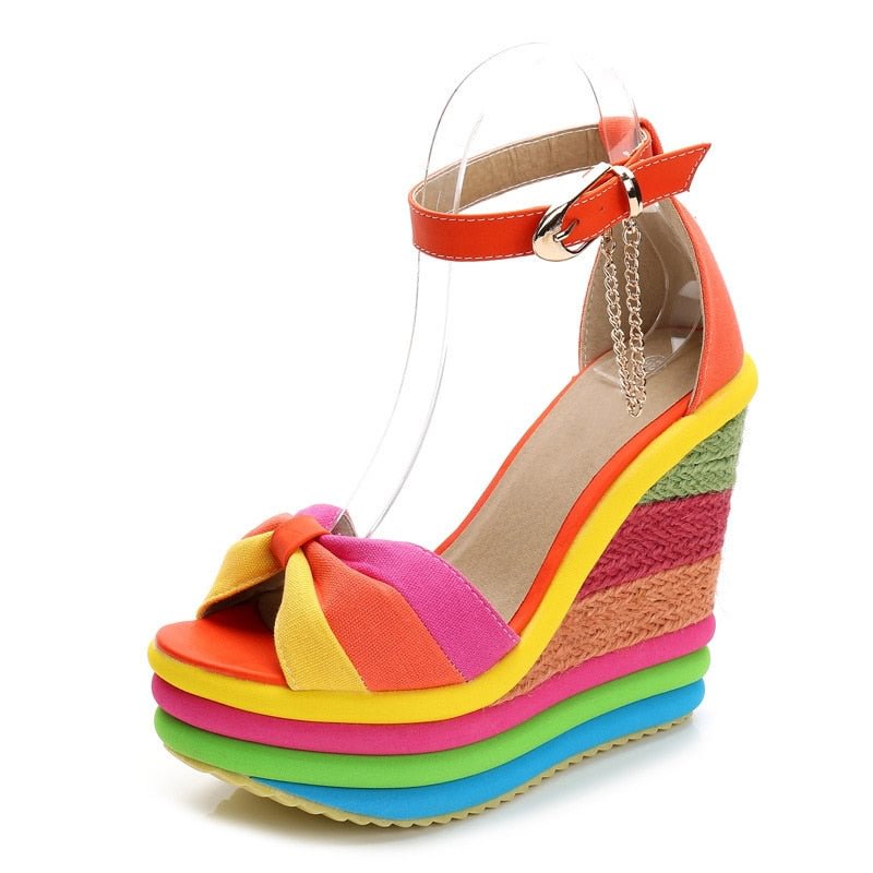 comemore 2021 Summer New Wedges Sandals For Women Platform Rainbow Shoes Bowknot Clogs high heels Female Metal chain Ladies Shoe
