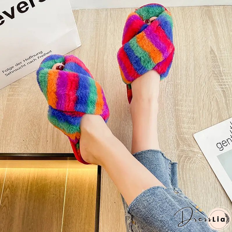 Paziye Colorful Plush Cross Plush Slippers