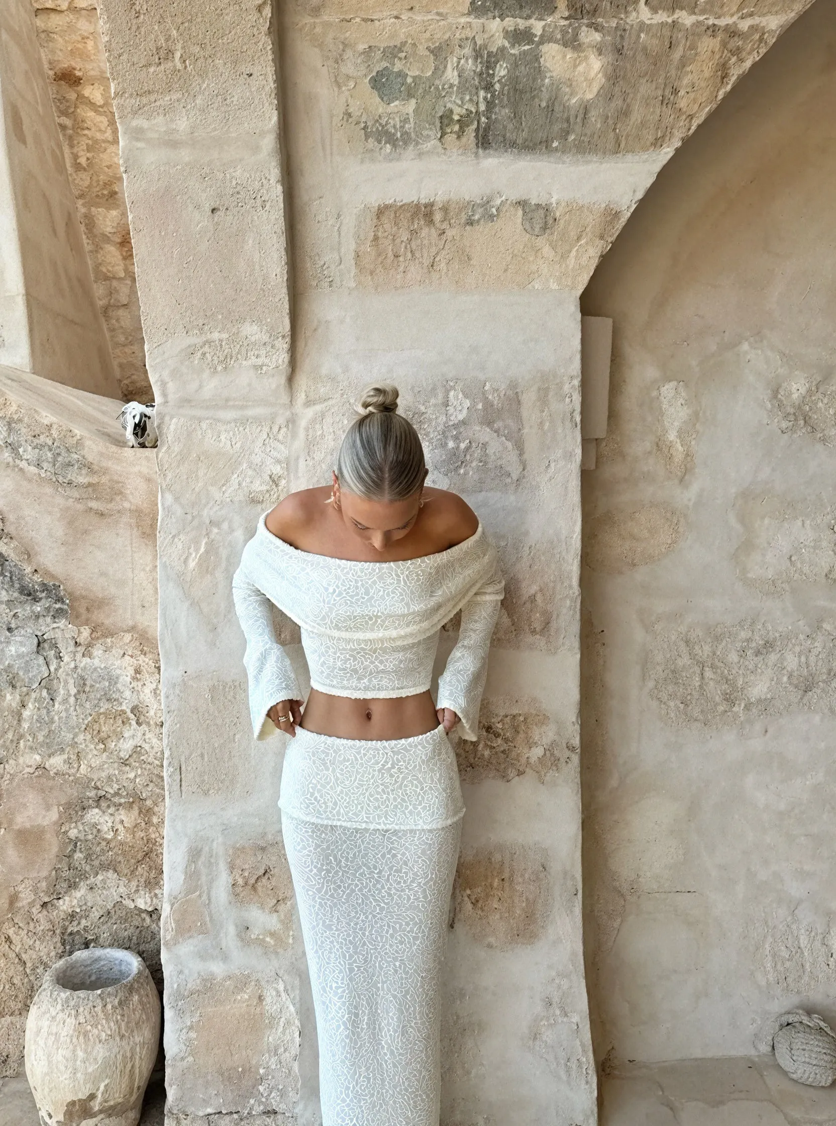 Damen Off-Shoulder Rock-Set – Strukturiert, Lange Ärmel, Elegant-83558-0602abff-7e3c-42e7-aae0-89d21cd59040