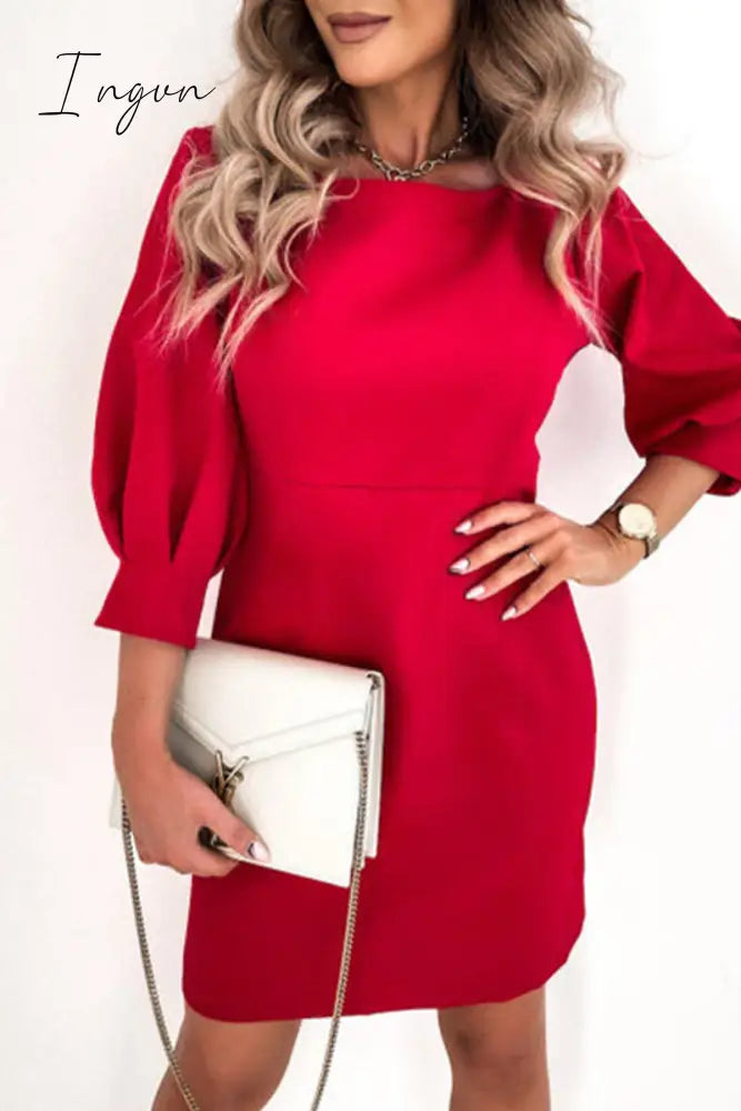 Ingvn - Elegant Solid With Bow Zipper O Neck Pencil Skirt Dresses Red / S Dresses/Long Sleeve