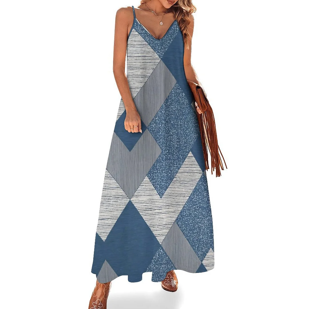 Style & Comfort for Mature Women Plus Size Printed Sling Casual Women Maxi Dress in Pattern Blue, Vintage, Patchwork