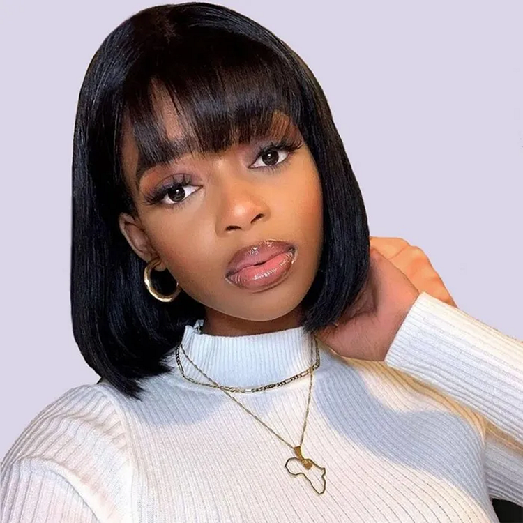 Short Bob Wig Glueless Straight Human Hair Wigs 2X4 Top Lace Wig With Bangs