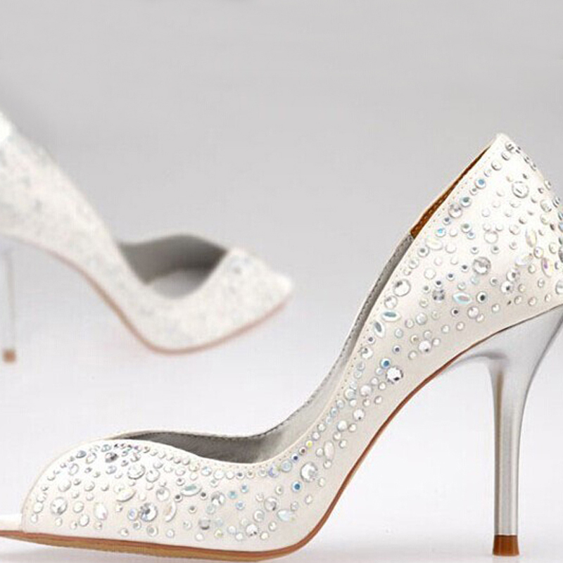 GOOSHOE Bridal White Rhinestone Stiletto Heel Peep Toe Pumps - Wedding Shoes
